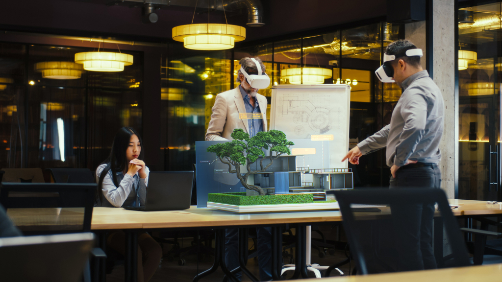 A photo of a property development being viewed by people with VR headsets