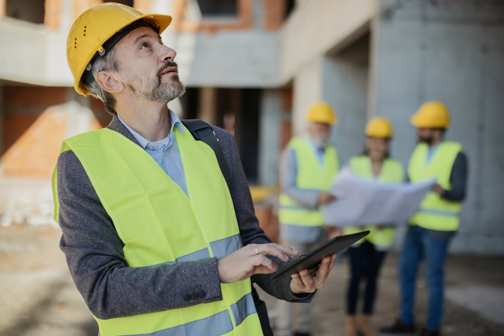 Construction site engineer surveying building.